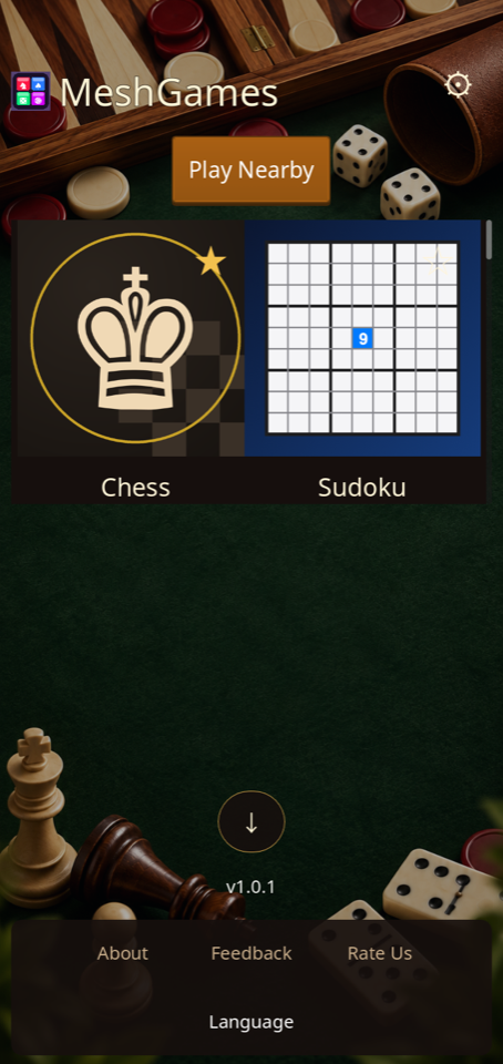 Portrait home grid with a Play Nearby button, game cards for Chess and Sudoku, and a gold favorite star on Chess.