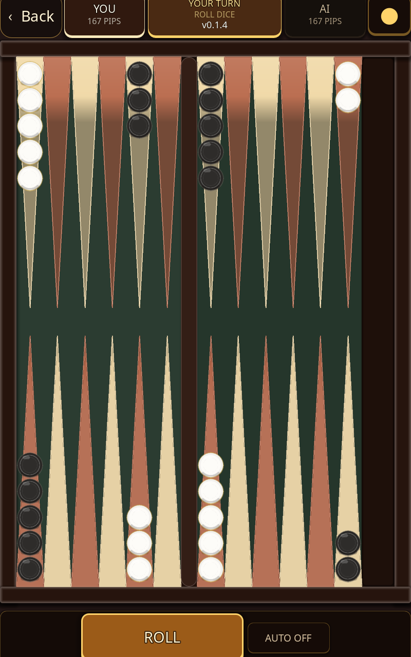 Portrait Backgammon board with Back and the pip counts at the top, checkers on the points, and a ROLL button at the bottom.