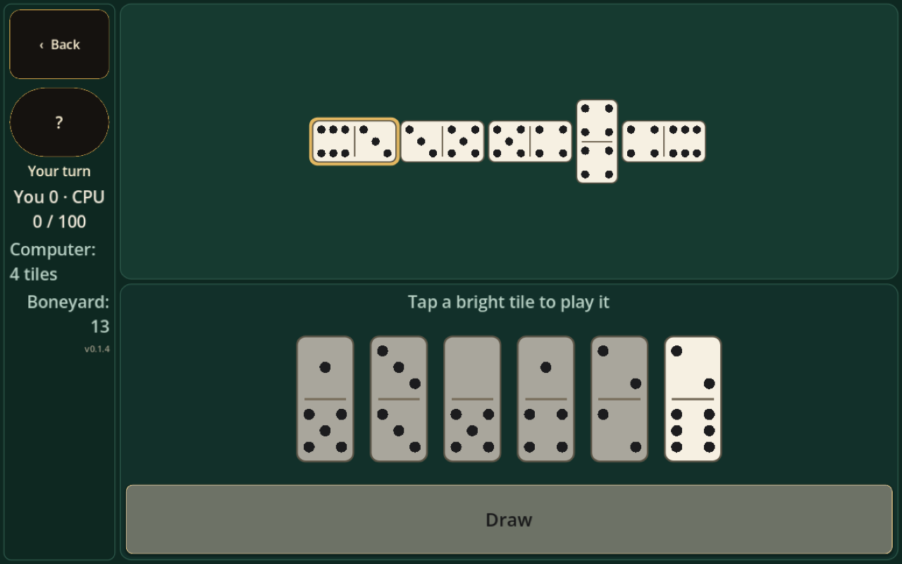 Landscape Dominoes board with a left rail for Back, turn status, scores and the boneyard, and one bright playable tile.