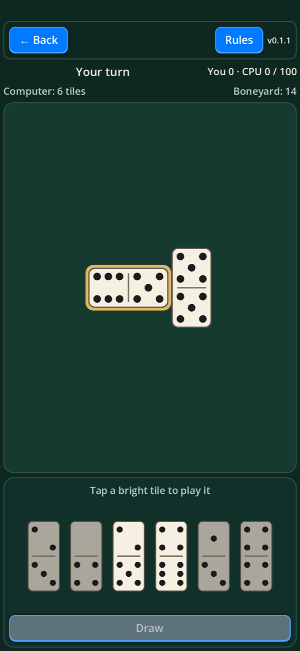 Portrait game screen: two tiles on the line, six tiles in your hand with two bright playable tiles, and the Draw button dimmed.