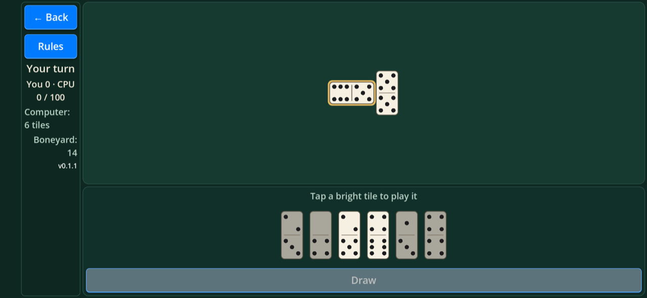 Landscape game screen: a left rail holds Back, Rules and the score, two tiles sit on the line, and two hand tiles are bright.