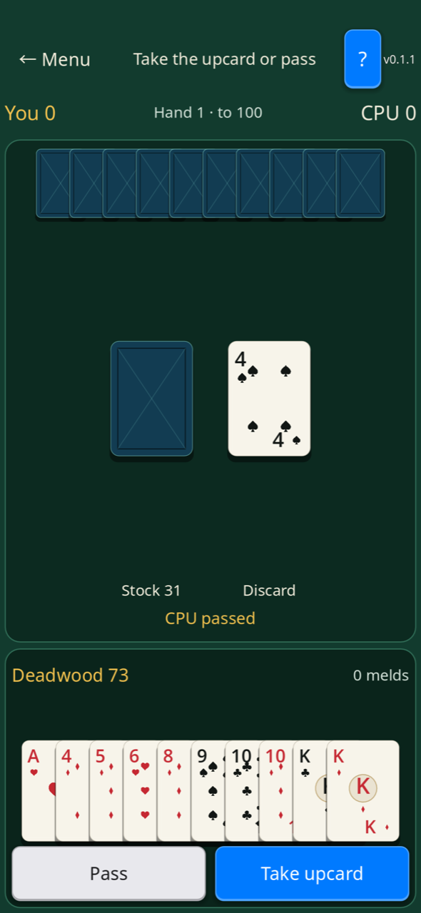 Portrait table at the start of a hand. The CPU passed. Pass and "Take upcard" buttons are below the player's ten cards.