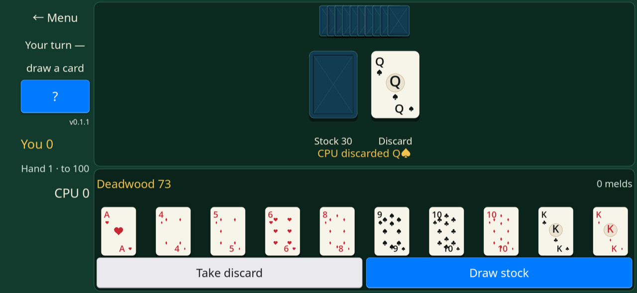 Landscape table with the menu and turn status in a left rail. "Take discard" and "Draw stock" buttons are below the cards.