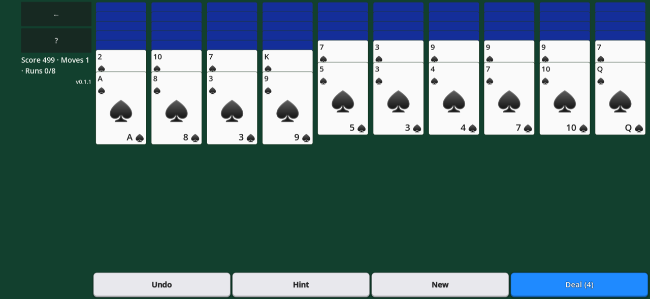 Landscape game screen after one deal: a left rail with Back and the score, ten columns, and four buttons along the bottom.