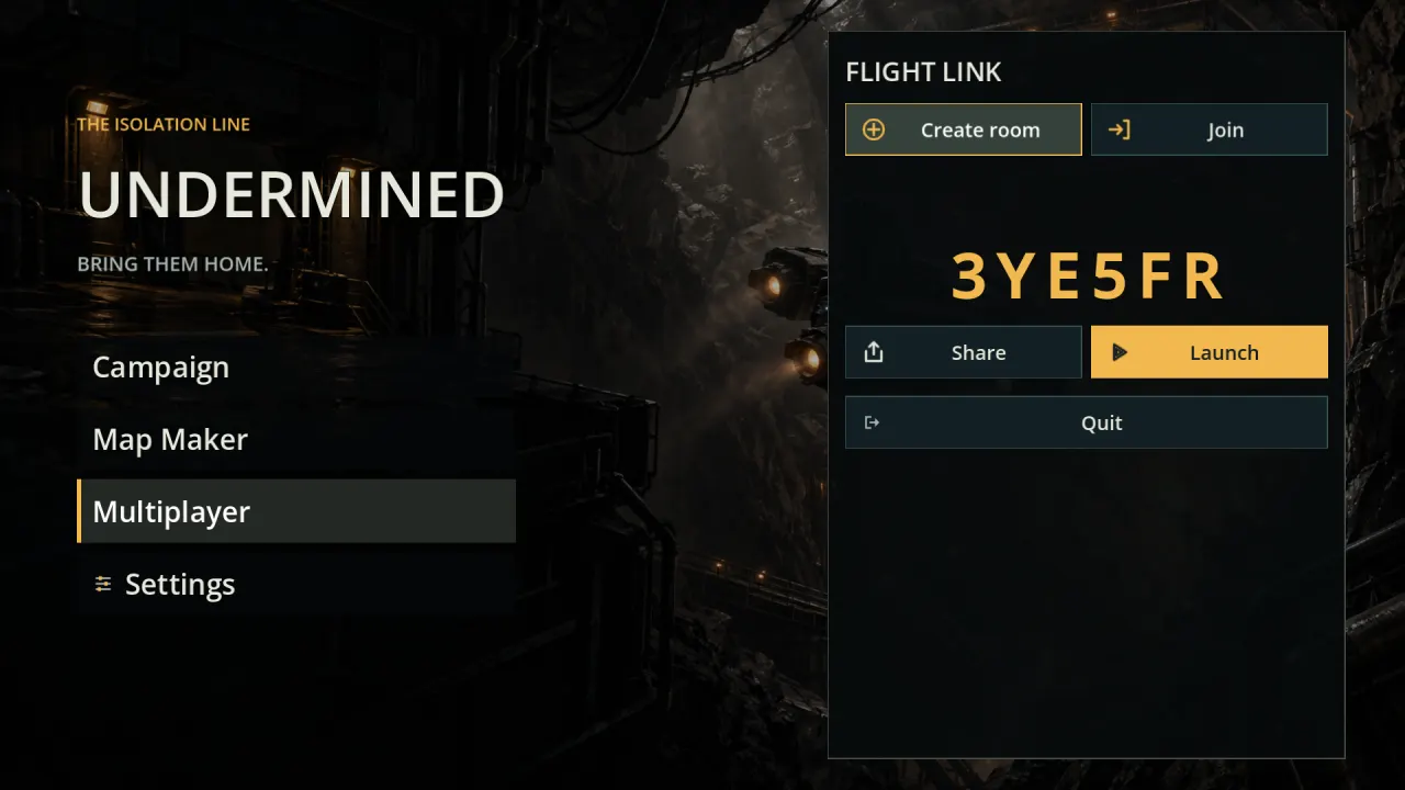 Undermined multiplayer room-code screen